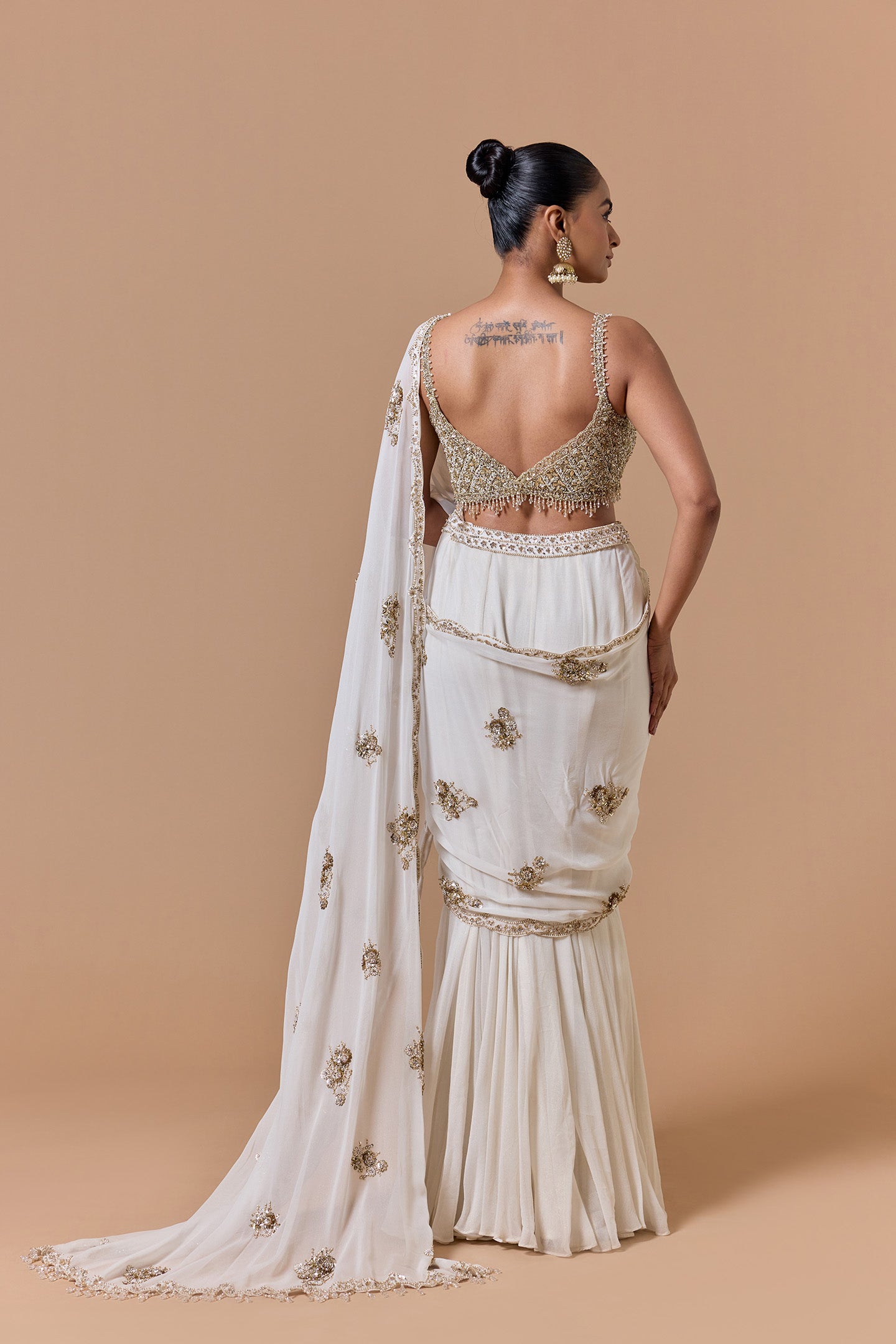 Cream Shimmer Draped Saree Set