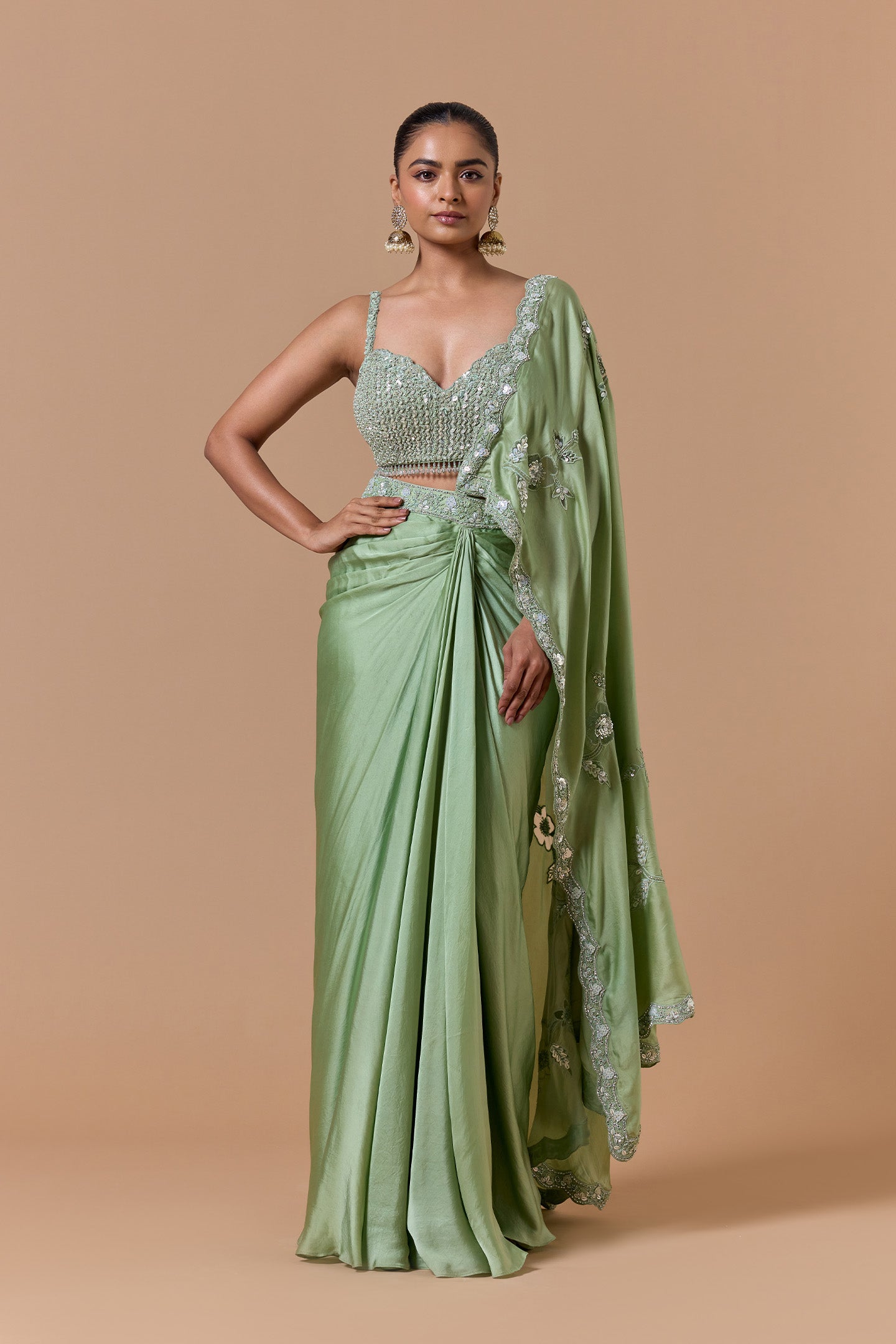 Jade Gree Draped Saree Set