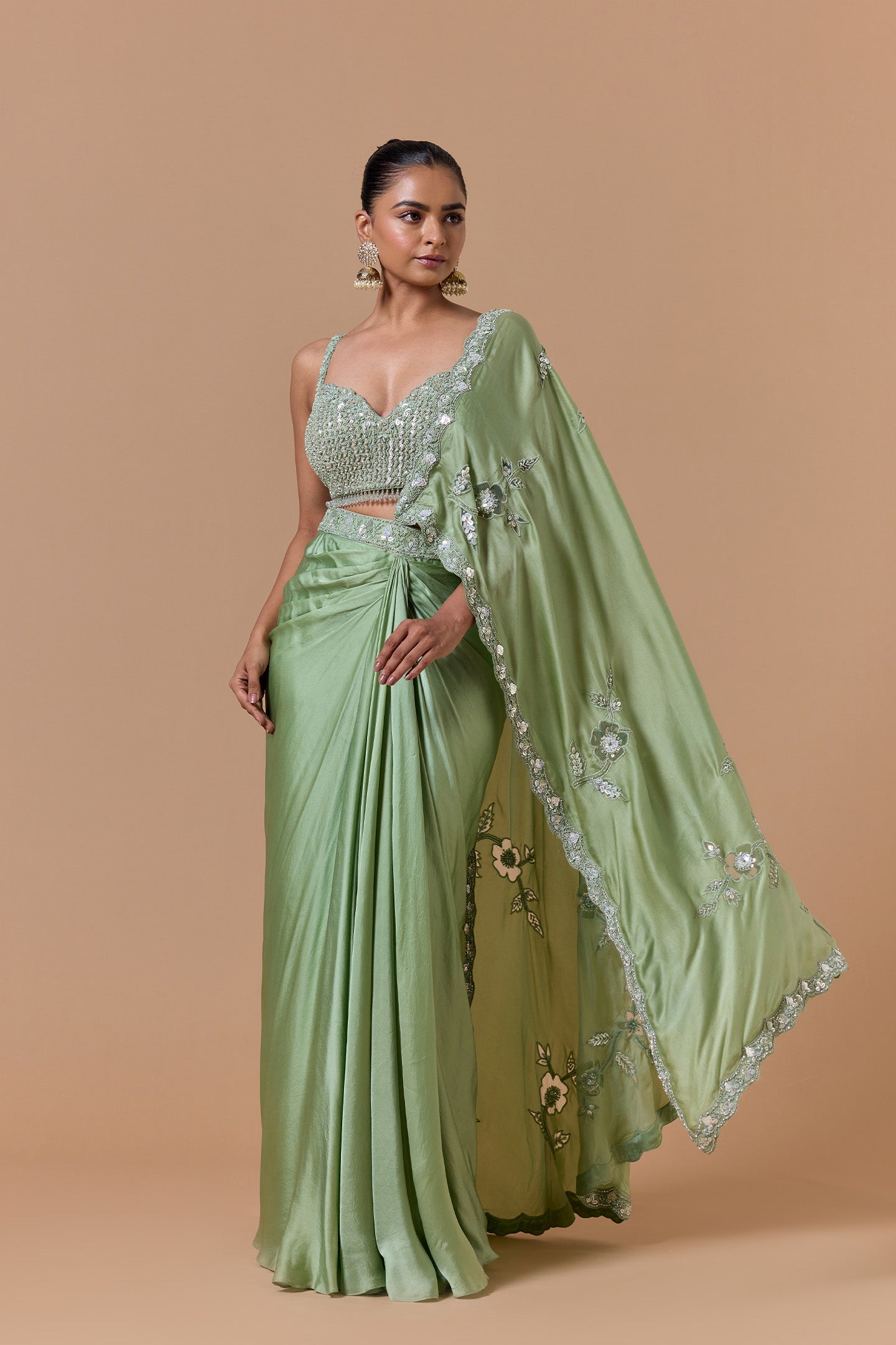 Jade Gree Draped Saree Set