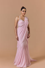Pink Lurex Shimmer Draped Saree Set