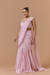 Pink Lurex Shimmer Draped Saree Set
