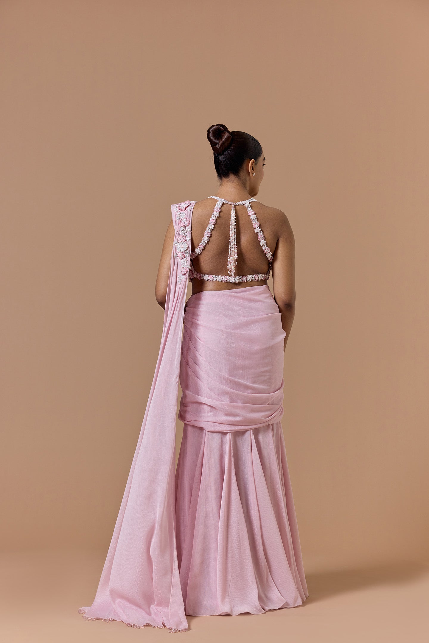 Pink Lurex Shimmer Draped Saree Set