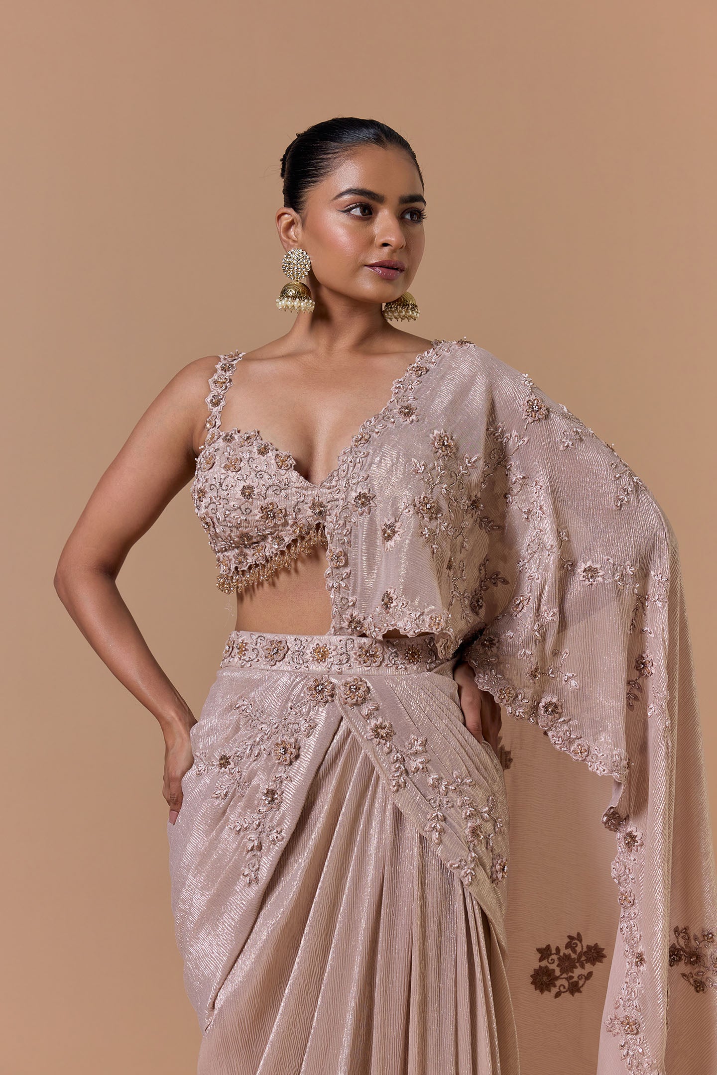 Blush Crush Chiffon 3D Flower Draped Saree Set