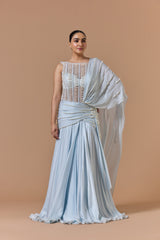 Powder Blue Satin Gown Saree Set