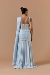 Powder Blue Satin Gown Saree Set