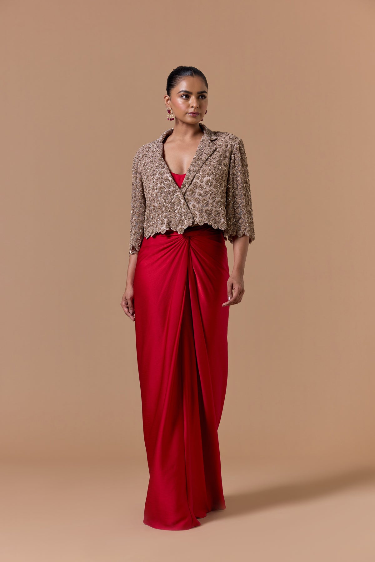 RED DRAPED INDOWSTRN SAREE WITH NUDE JACKET