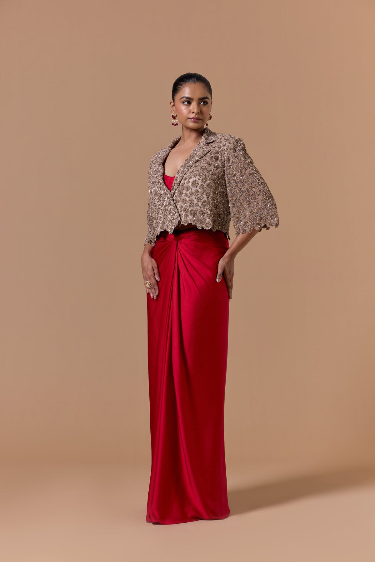 RED DRAPED INDOWSTRN SAREE WITH NUDE JACKET