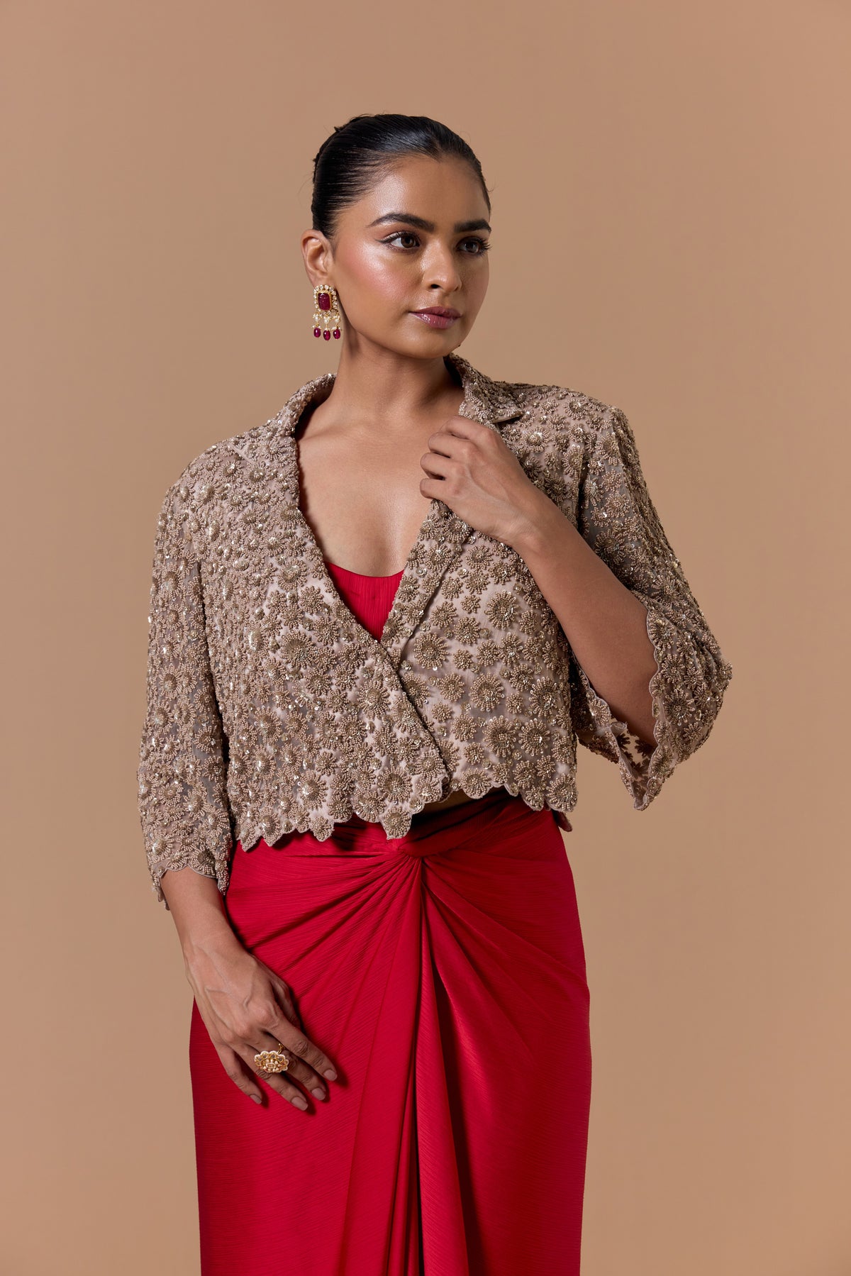 RED DRAPED INDOWSTRN SAREE WITH NUDE JACKET