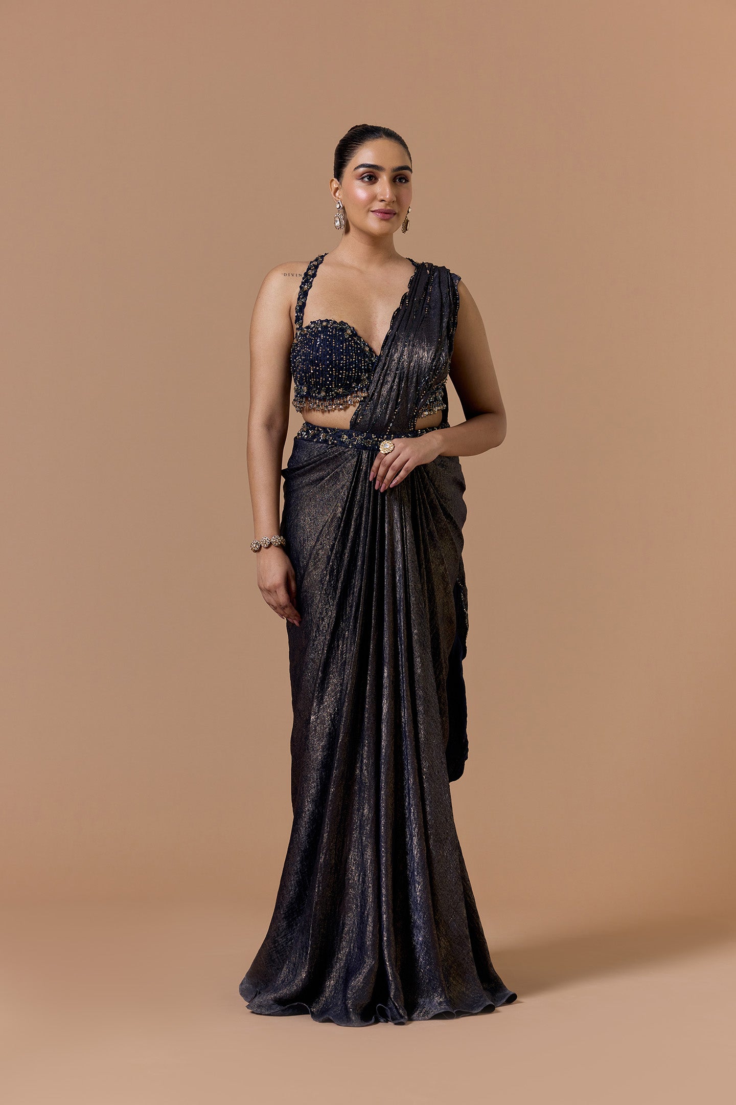 Navy Blue Satin Shimmer Draped Saree Set
