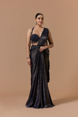 Navy Blue Satin Shimmer Draped Saree Set