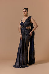 Navy Blue Satin Shimmer Draped Saree Set