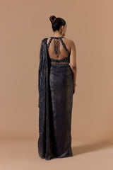 Navy Blue Satin Shimmer Draped Saree Set