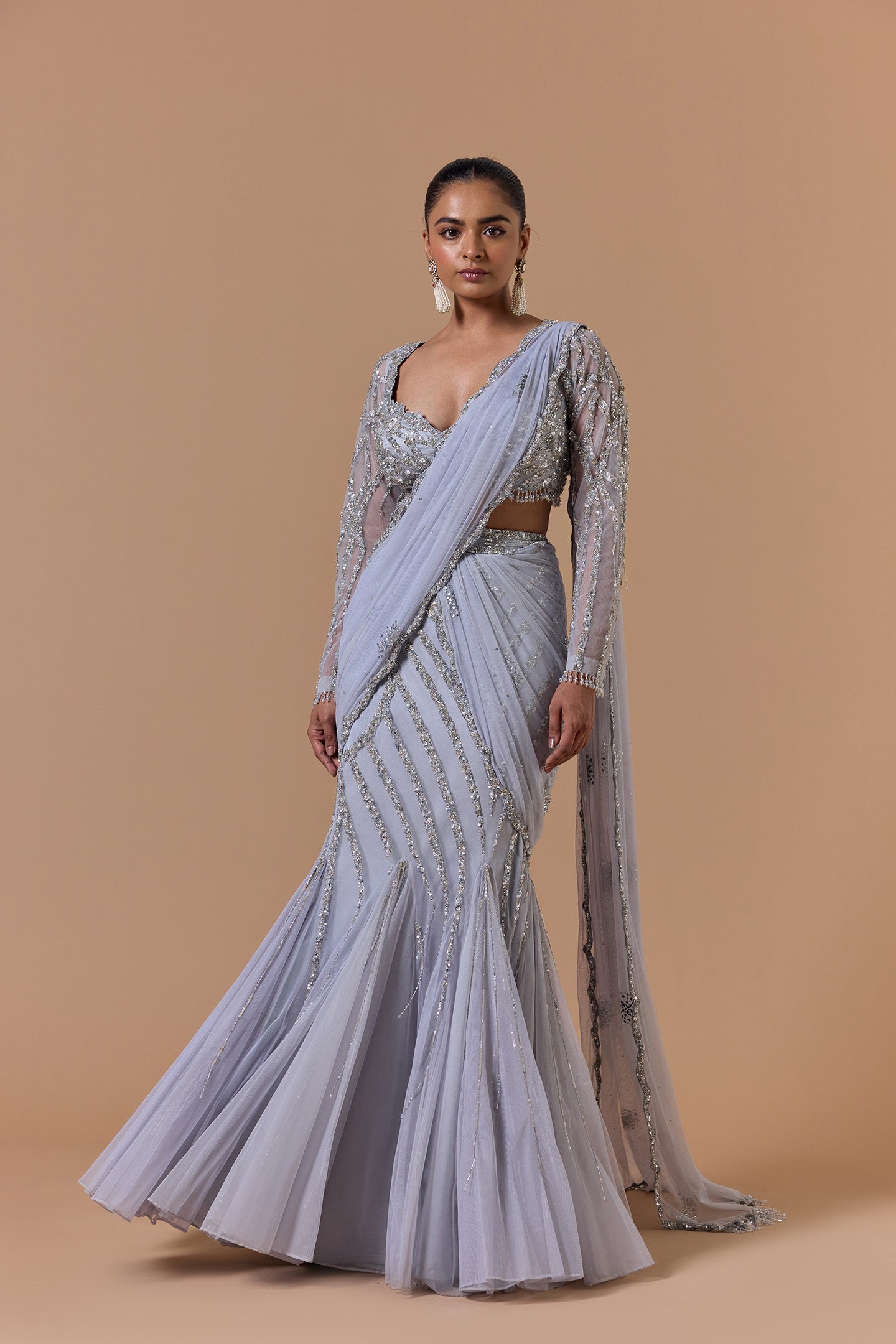 Grey Net Draped Saree Set With Silver Embroidery