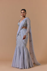 Grey Net Draped Saree Set With Silver Embroidery