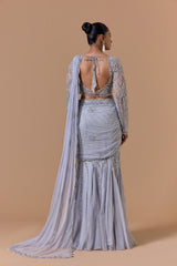 Grey Net Draped Saree Set With Silver Embroidery