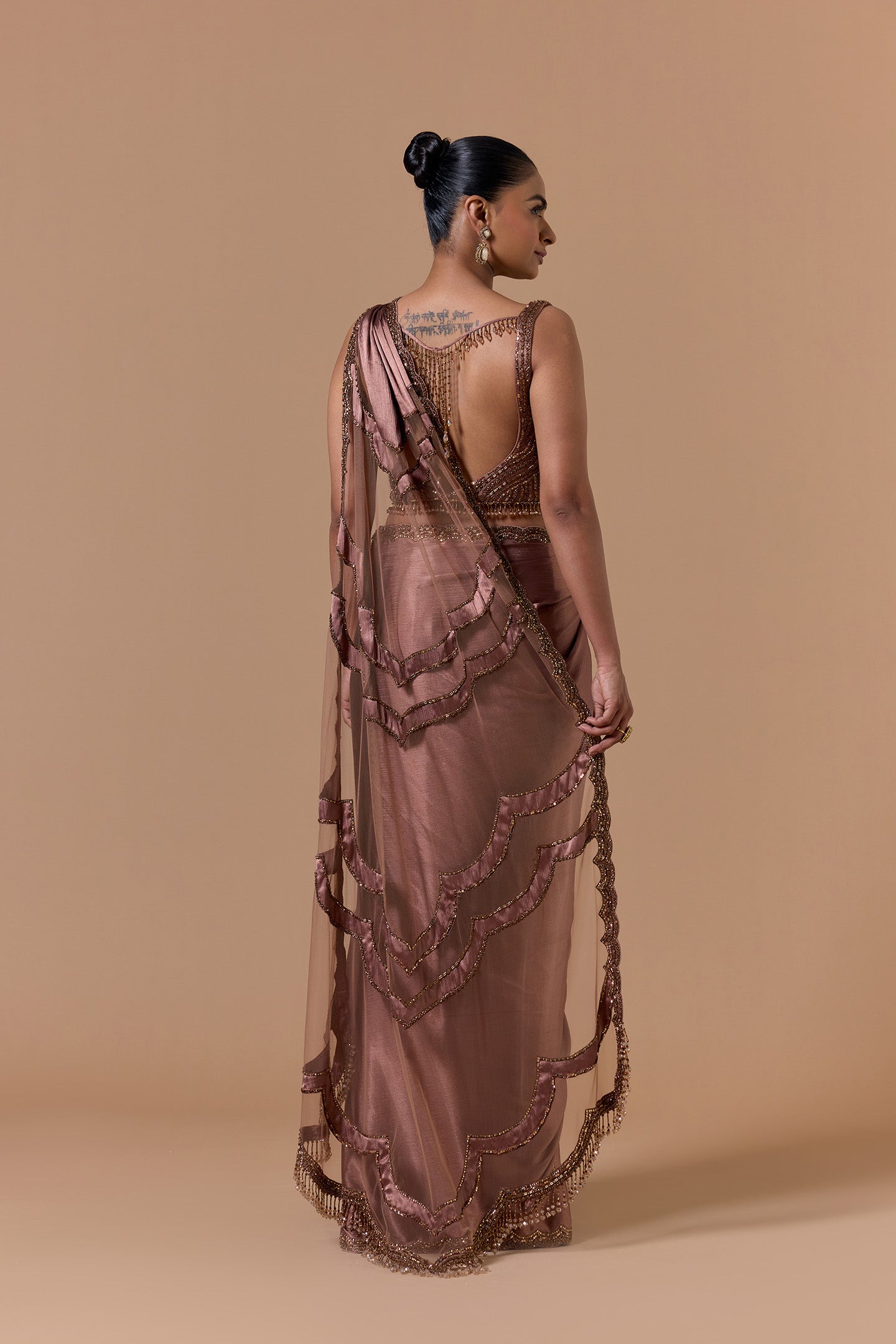 Copper Crush Satin Draped Saree Set