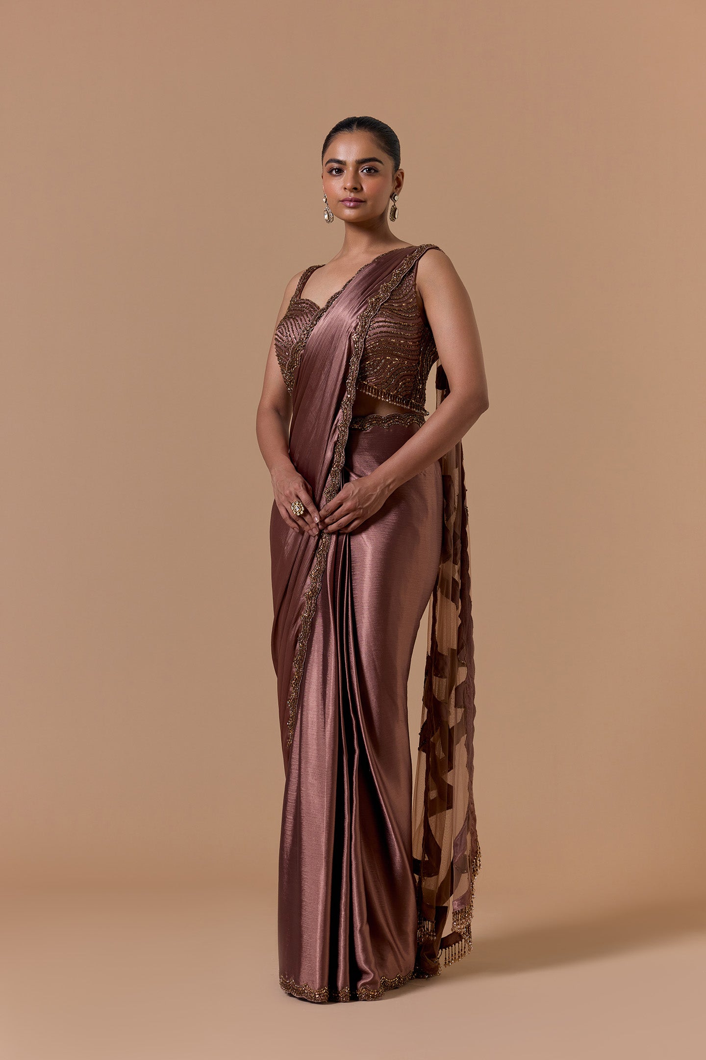 Copper Crush Satin Draped Saree Set