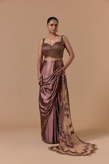 Copper Crush Satin Draped Saree Set