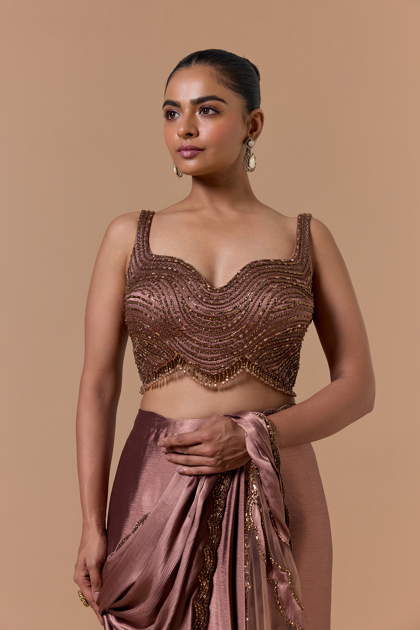 Copper Crush Satin Draped Saree Set