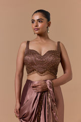 Copper Crush Satin Draped Saree Set