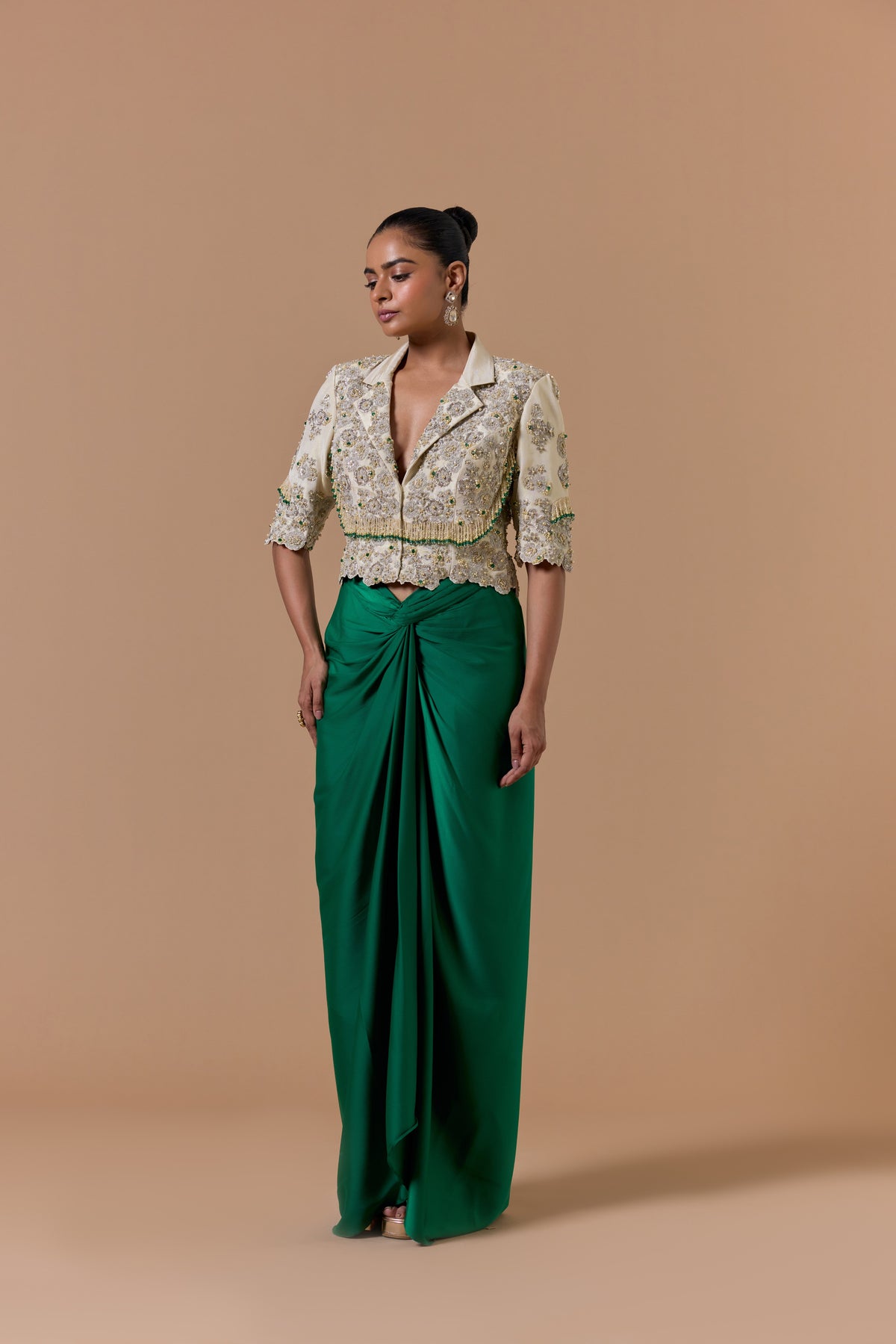 Green Draped Indowestern Saree With Tissue Jacket