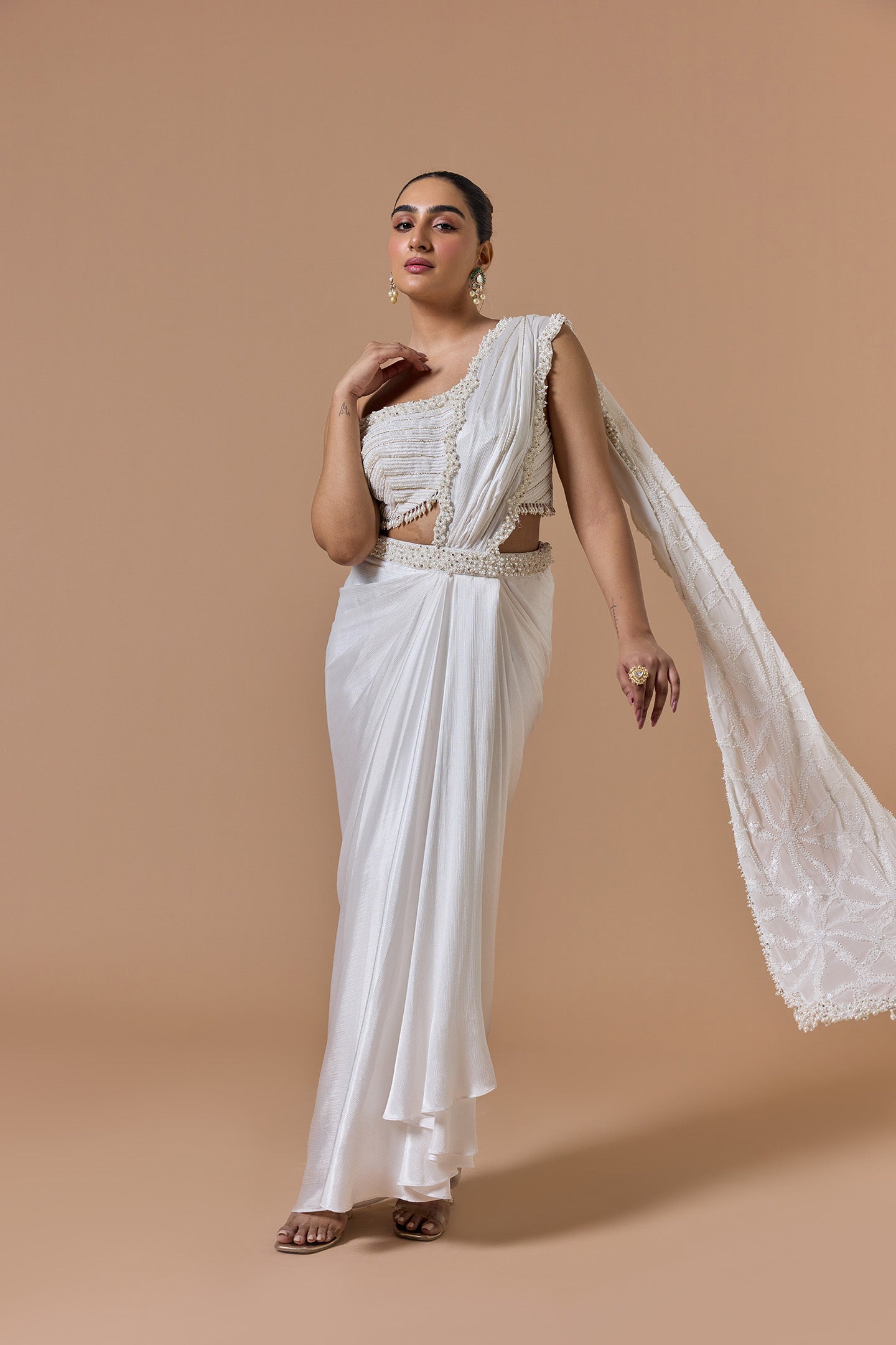 Ivory One Off Shoulder Draped Saree Set