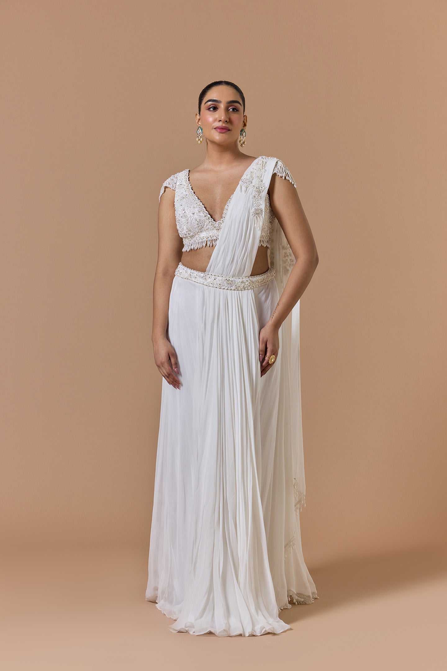 White Georgette Draped Saree Set