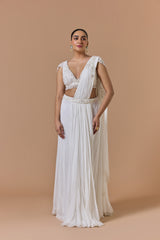 White Georgette Draped Saree Set