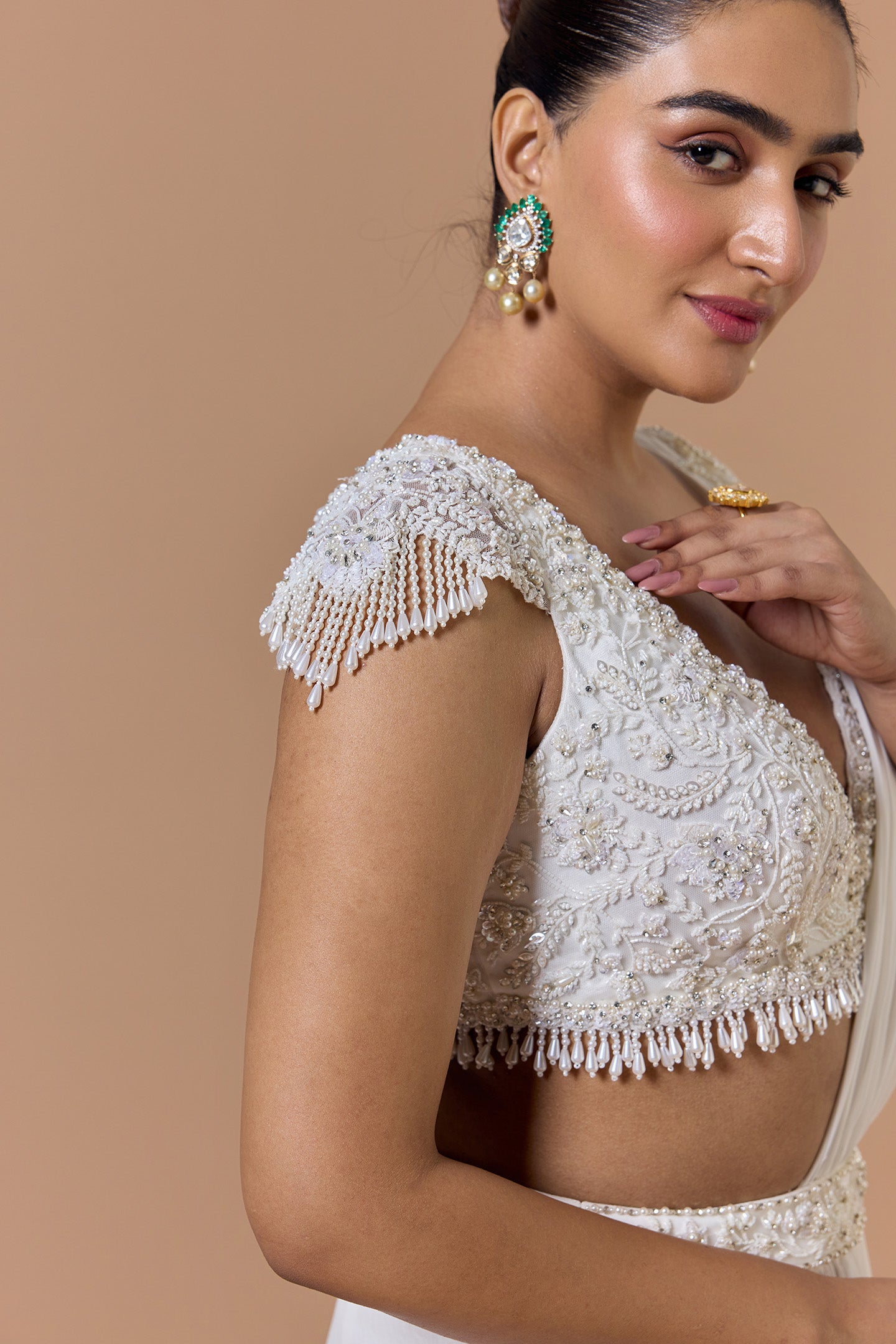 White Georgette Draped Saree Set