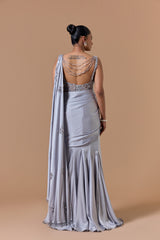 Grey Draped Gown Saree Set