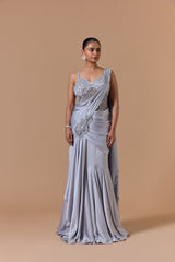Grey Draped Gown Saree Set