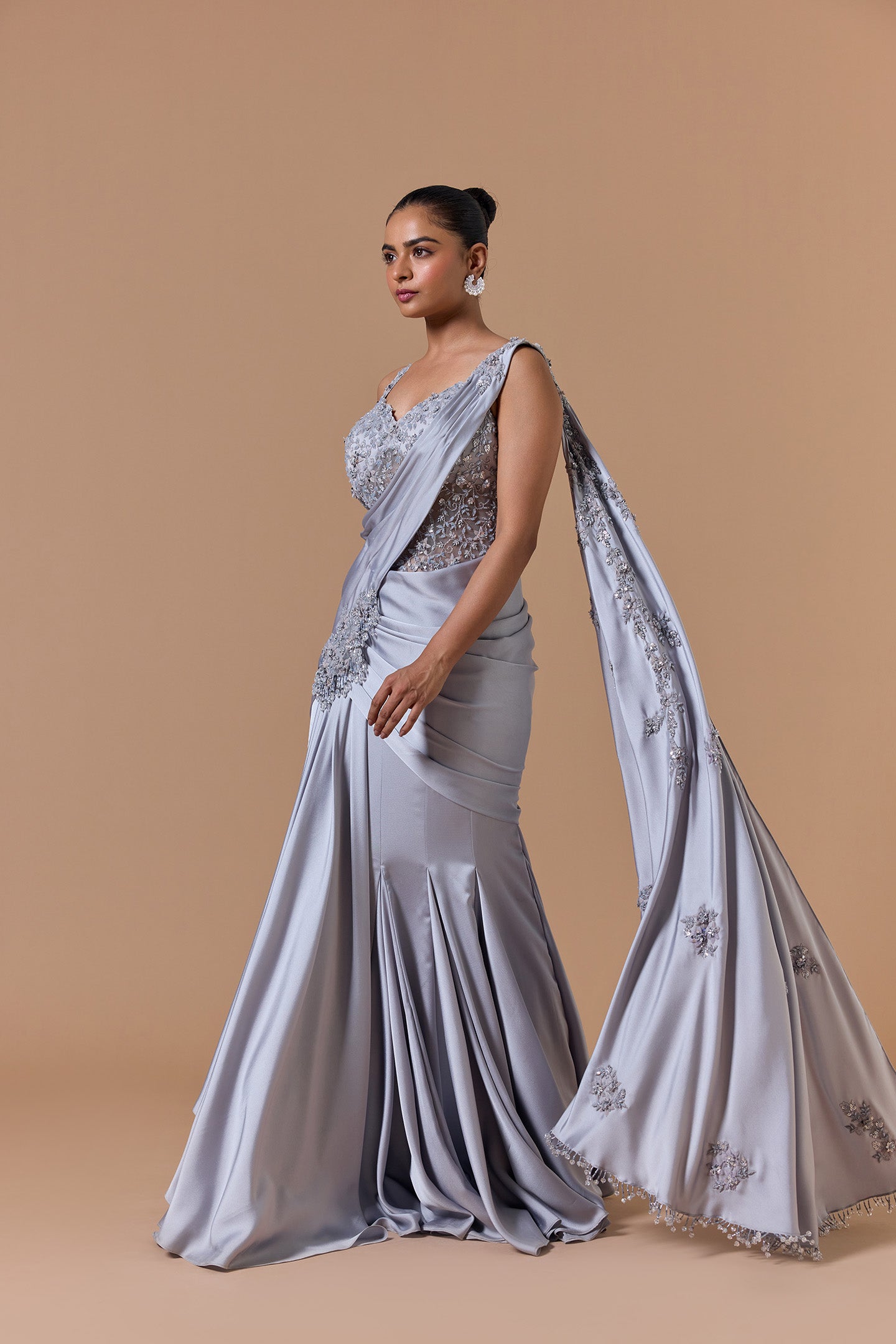 Grey Draped Gown Saree Set