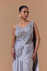 Grey Draped Gown Saree Set