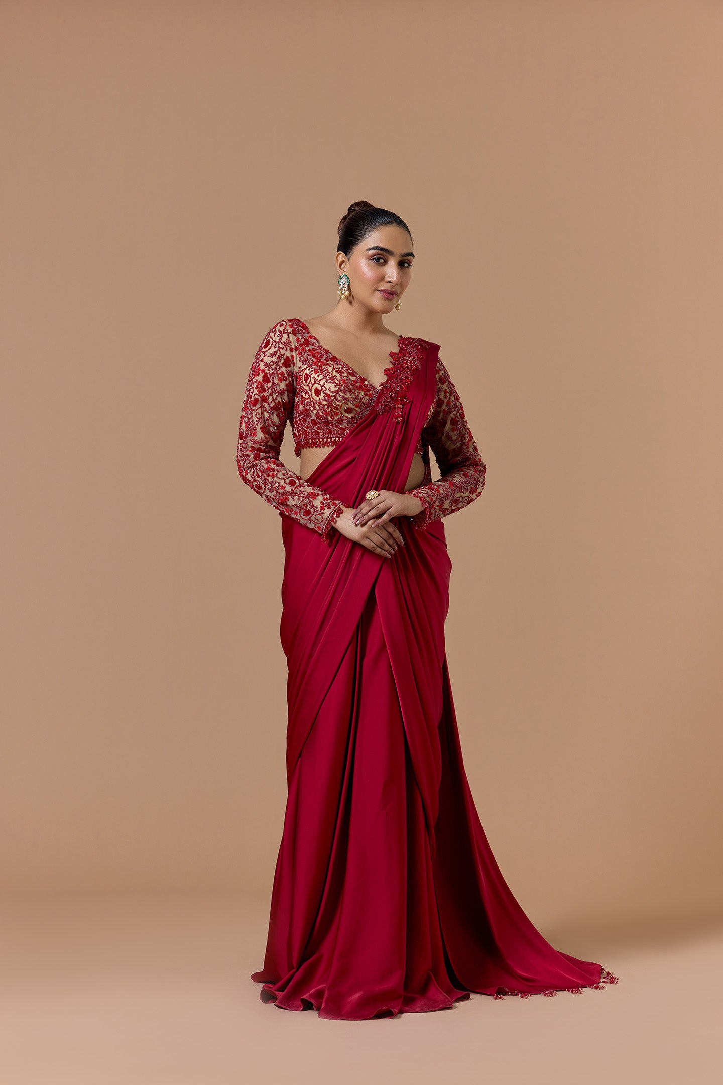 Red Draped Saree With Nude Blouse Set
