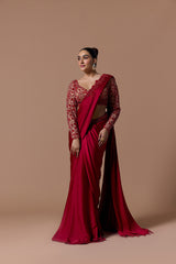 Red Draped Saree With Nude Blouse Set