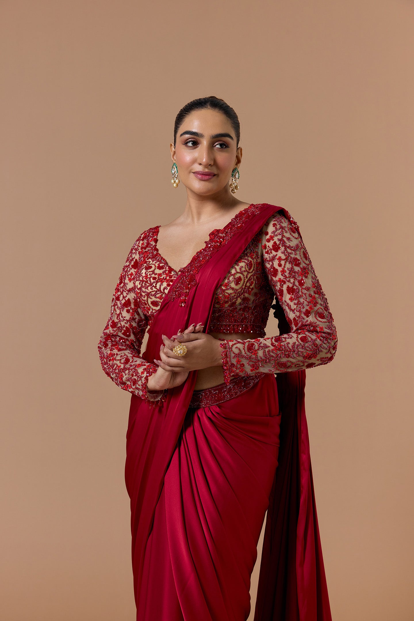 Red Draped Saree With Nude Blouse Set