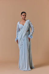 Powder Blue Pleated Draped Saree Set