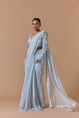 Powder Blue Pleated Draped Saree Set