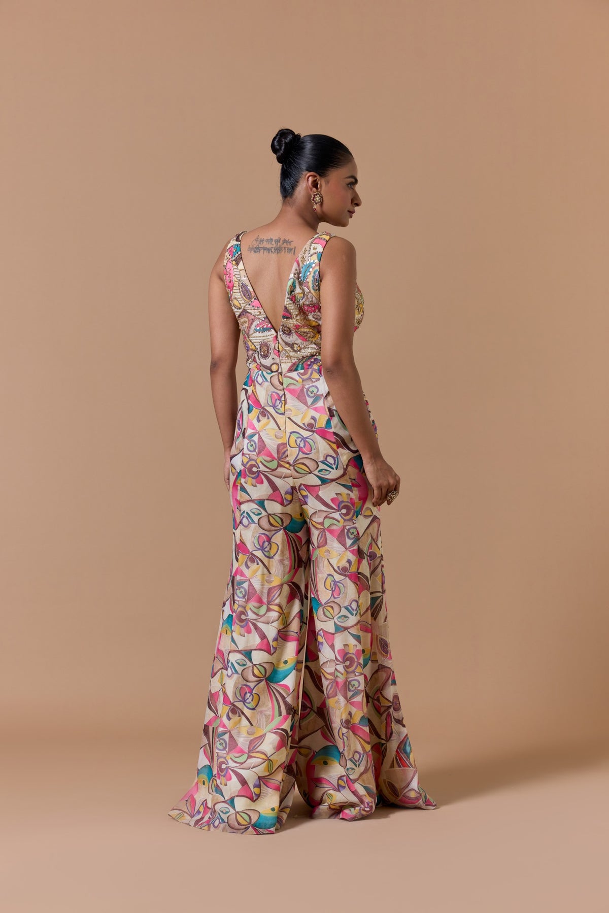Beige Printed Jump Suit
