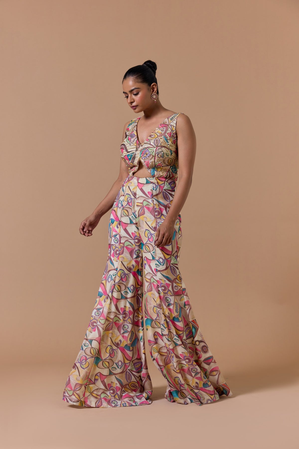 Beige Printed Jump Suit