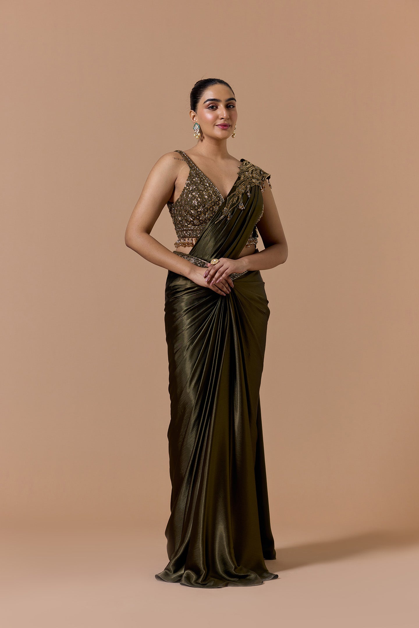 Olive Green Draped Saree Set
