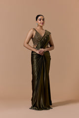 Olive Green Draped Saree Set