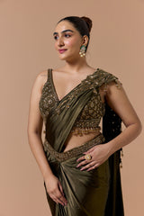 Olive Green Draped Saree Set