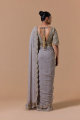 Grey Georgette With Tissue Blouse Saree Set