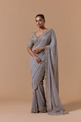 Grey Georgette With Tissue Blouse Saree Set