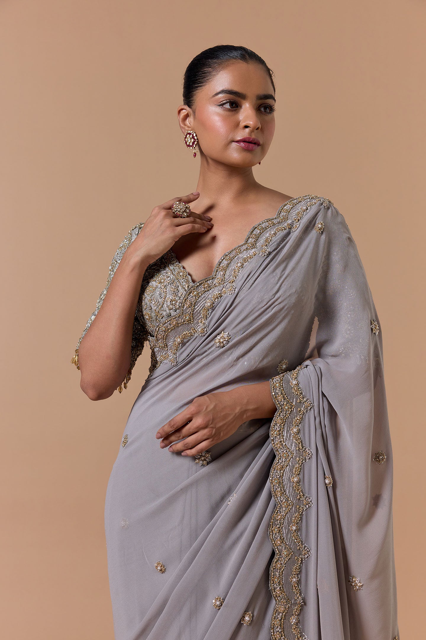 Grey Georgette With Tissue Blouse Saree Set