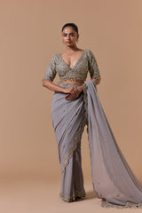 Grey Georgette With Tissue Blouse Saree Set