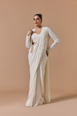 Ivory Draped Saree With Short Jacket Set