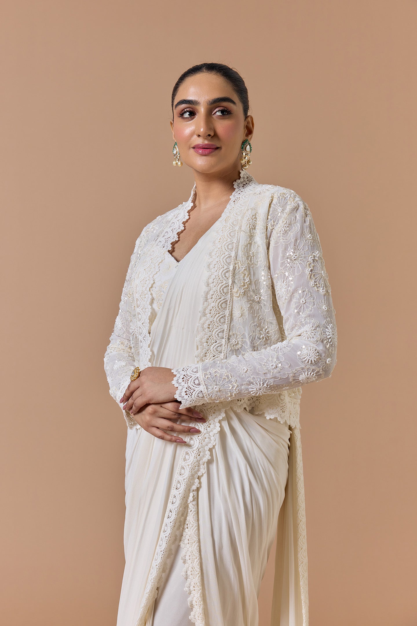 Ivory Draped Saree With Short Jacket Set