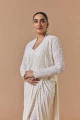 Ivory Draped Saree With Short Jacket Set
